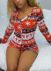 Christmas Long-sleeved Deep V-neck Snowflake Plaid Print Jumpsuit