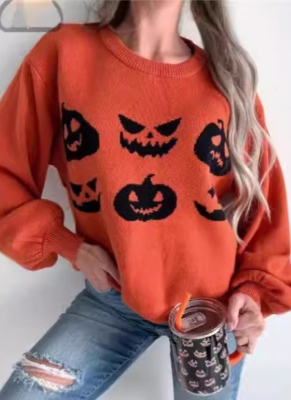 Orange Halloween Pumpkin Face Pattern Off-Shoulder Sweater