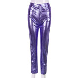 Casual Slim Fit Hip-hugging Metallic Silver Trousers