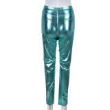 Casual Slim Fit Hip-hugging Metallic Silver Trousers