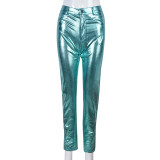 Casual Slim Fit Hip-hugging Metallic Silver Trousers