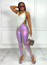Casual Slim Fit Hip-hugging Metallic Silver Trousers