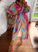 Long Sleeve Printed V-Neck Fashionable Sexy Dress