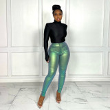 Casual Slim Fit Hip-hugging Metallic Silver Trousers