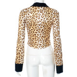 Retro Leopard Print Long Sleeve Collar Short Sexy Style Top
