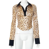 Retro Leopard Print Long Sleeve Collar Short Sexy Style Top