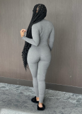 Sexy Solid Color Zipper Deep V Jumpsuit