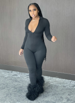 Sexy Solid Color Zipper Deep V Jumpsuit