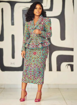 Autumn Printed Lapel Top Hip Skirt Two-Piece Set