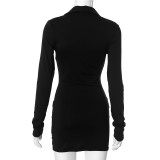Fold-over Collar Front Zipper Metal Button Wrap Around Short Skirt Dress