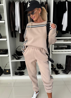 Casual Colorblock Round Neck Long-Sleeved Sweatshirt Sports Elastic Pants Two-Piece Set