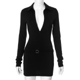 Fold-over Collar Front Zipper Metal Button Wrap Around Short Skirt Dress