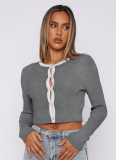 Comfortable And Casual Solid Color Wool Cardigan Contrast Color Short Sweater Top
