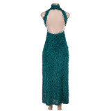 Hang-Neck Furry Texture Split-Back Slit Dress