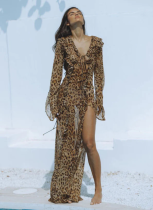 Sexy Chiffon Leopard Print Ruffle Front Slit Dress