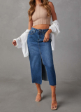 High Waist Washed Slit A-line Denim Skirt