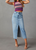 High Waist Washed Slit A-line Denim Skirt