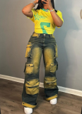 Personalized Multi-pocket High-waisted Straight-leg Jeans With Dyed-on