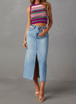 High Waist Washed Slit A-line Denim Skirt