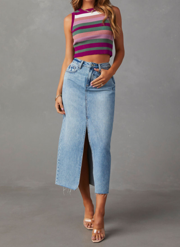High Waist Washed Slit A-line Denim Skirt