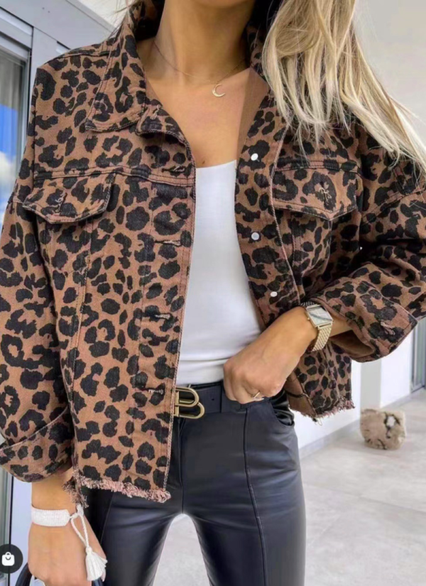 Cowboy Jacket with Leopard Print Long Sleeve Short Loose Fit Casual Outerwear