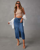 High Waist Washed Slit A-line Denim Skirt