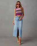High Waist Washed Slit A-line Denim Skirt