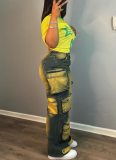 Personalized Multi-pocket High-waisted Straight-leg Jeans With Dyed-on