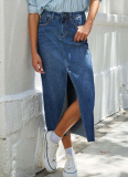 High Waist Washed Slit A-line Denim Skirt