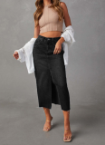 High Waist Washed Slit A-line Denim Skirt