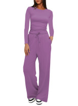 Solid Color Long-sleeved Top High Waist Wide-leg Pants Sports Suit