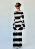 A black and White Gradient Striped Asymmetrical Off-shoulder Ruffled Long Sleeve Dress