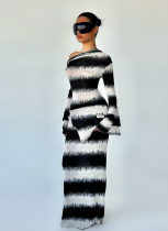 A black and White Gradient Striped Asymmetrical Off-shoulder Ruffled Long Sleeve Dress