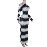 A black and White Gradient Striped Asymmetrical Off-shoulder Ruffled Long Sleeve Dress