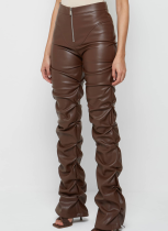 Fashion Tight PU Leather Pleated Flared Trousers