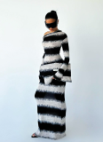 A black and White Gradient Striped Asymmetrical Off-shoulder Ruffled Long Sleeve Dress