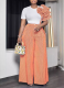 Two-piece Set With Round Neck Short Sleeves Striped Color-blocked Wide-leg Pants