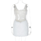 Sexy Hollow Backless Zippered Solid Color Fur Sling Hip Dress