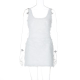 Sexy Hollow Backless Zippered Solid Color Fur Sling Hip Dress