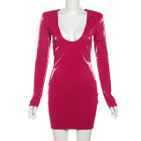 Sexy Tight Faux Leather Deep U-neck Long-sleeved Hip Dress