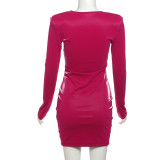 Sexy Tight Faux Leather Deep U-neck Long-sleeved Hip Dress