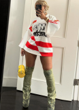 Fashion Color-block Printed Letter Long Sleeve V-neck Comfortable Casual T-shirt
