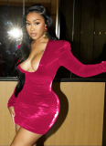 Sexy Tight Faux Leather Deep U-neck Long-sleeved Hip Dress