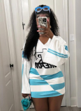 Fashion Color-block Printed Letter Long Sleeve V-neck Comfortable Casual T-shirt