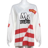 Fashion Color-block Printed Letter Long Sleeve V-neck Comfortable Casual T-shirt