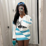 Fashion Color-block Printed Letter Long Sleeve V-neck Comfortable Casual T-shirt