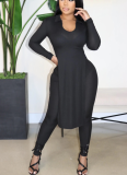 Two-Piece Set of Pure Color Open-Slit Ribbed Simple Casual Pants