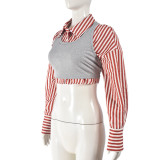 Striped Abdominal-Baring Two-Piece Long Sleeve Shirt Set for Western and European Styles