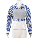 Striped Abdominal-Baring Two-Piece Long Sleeve Shirt Set for Western and European Styles
