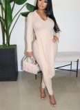 Two-Piece Set of Pure Color Open-Slit Ribbed Simple Casual Pants
